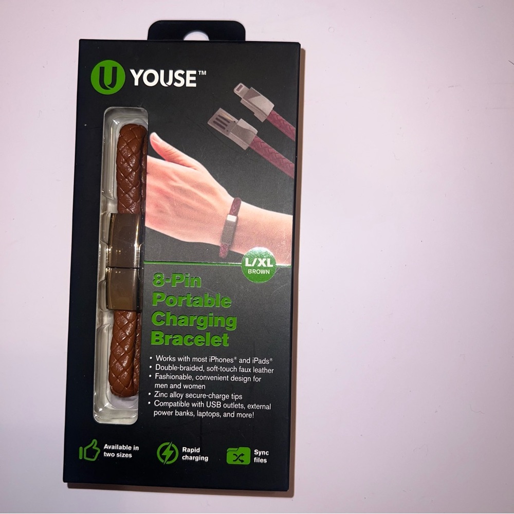🆕YOUSE 8‑Pin Portable Charging Bracelet – Brown L/XL – New Sealed